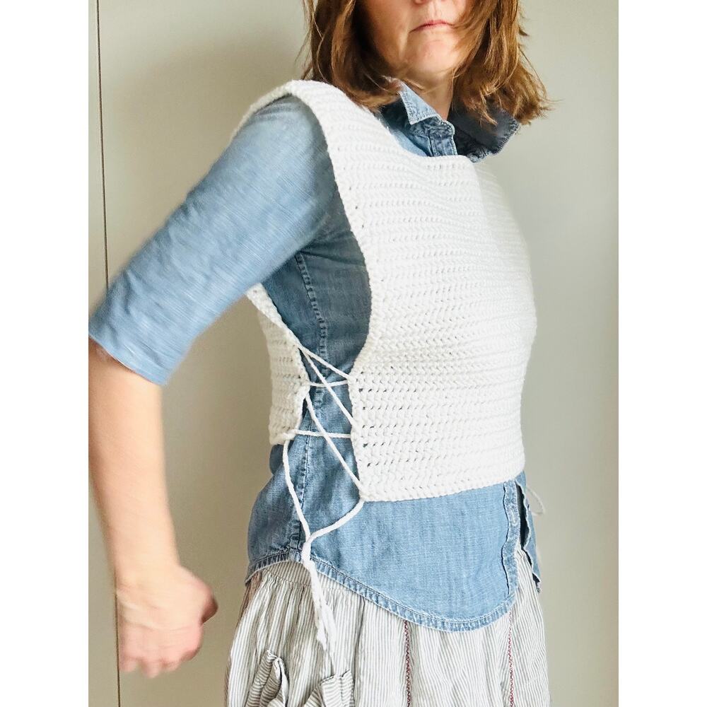 Vintage Hand Knit Apron Sweater in White Side Lace Cottage Romantic Hand Made